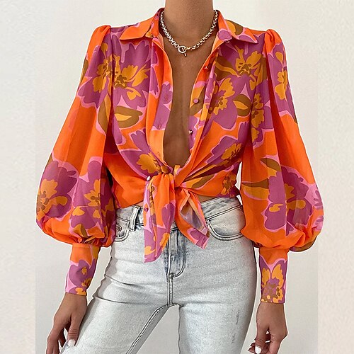 

Women's Casual Jacket Street Daily Going out Spring Summer Regular Coat Regular Fit Breathable Streetwear Casual Jacket Long Sleeve Floral Print Green Orange Rose Red