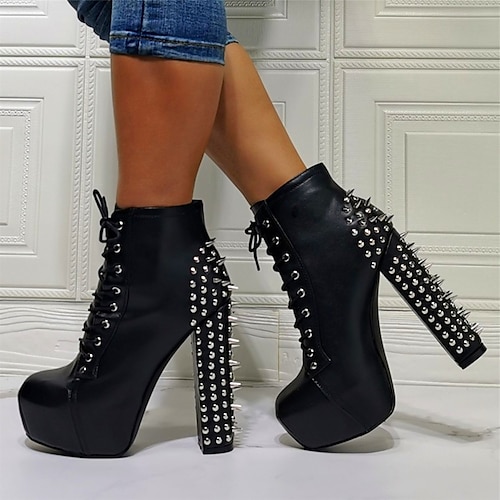 

Women's Boots Party Daily Sexy Boots Goth Boots Heel Boots Booties Ankle Boots Rivet Lace-up Platform Chunky Heel Round Toe Punk Sexy PU Lace-up Solid Colored Black