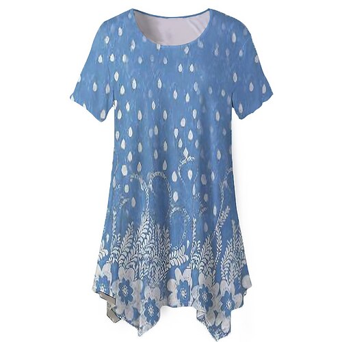 

Femme Grande taille Hauts Chemisier Chemise Floral Imprimer Manches Courtes Ras du cou Vêtement de rue du quotidien Vacances Jersey de coton et spandex Printemps Eté Bleu Vin / Grande Taille