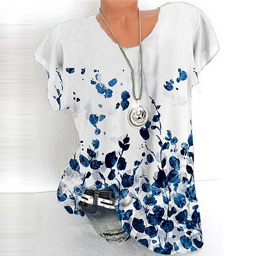 

Women's Plus Size Tops T shirt Floral Print Short Sleeve Crewneck Streetwear Daily Sports Cotton Spandex Jersey Spring Summer Blue