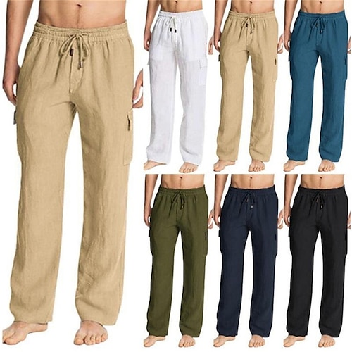 

Men's Linen Pants Cargo Pants Trousers Drawstring Multiple Pockets Elastic Drawstring Design Solid Color Comfort Soft Casual Daily Fashion Streetwear Green White