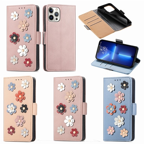 

Phone Case For Apple Wallet Card iPhone 14 Pro Max 14 Plus 13 12 11 Pro Max Mini X XR XS Card Holder Slots Magnetic Flip Kickstand Solid Colored Flower PU Leather