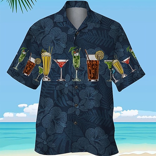 

Men's Shirt Graphic Shirt Wine Glass Turndown Navy Blue Outdoor Street 3D Button-Down Clothing Apparel Fashion Designer Casual Breathable / Summer / Summer