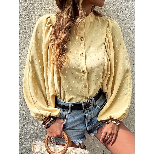 

Women's Shirt Plain Standing Collar Basic Vintage Tops Yellow
