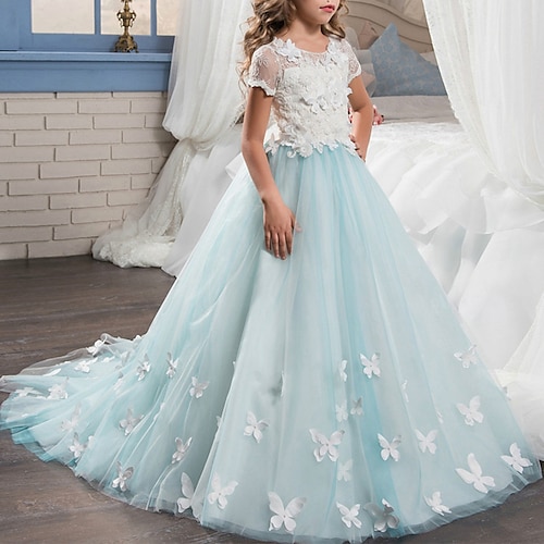 

Party Event / Party Princess Flower Girl Dresses Jewel Neck Court Train Polyester / Cotton Blend Spring Summer with Lace Appliques Cute Girls' Party Dress Fit 3-16 Years