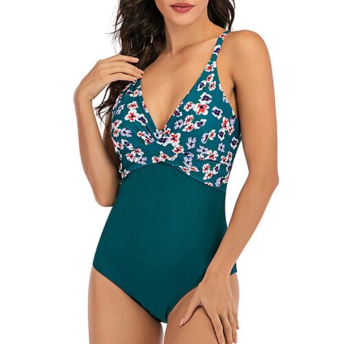 

Women's Swimwear One Piece Monokini Bathing Suits Plus Size Swimsuit Tummy Control Open Back Printing High Waisted Floral Green White Black Rosy Pink Navy Blue Strap Bathing Suits New Vacation Fashion
