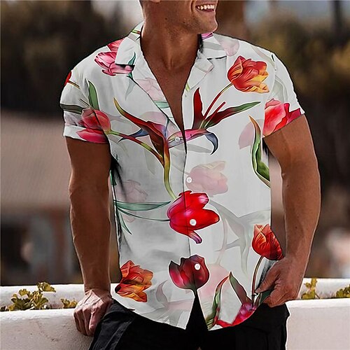

Men's Shirt Print Floral Turndown Street Casual Button-Down Print Short Sleeve Tops Casual Fashion Designer Breathable Gray