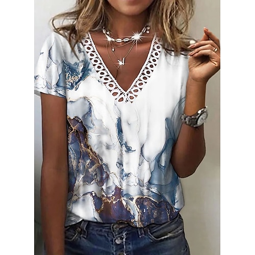 

Women's Abstract Painting T shirt Graphic Lace Trims Print V Neck Basic Tops Navy Blue / 3D Print