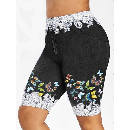 

Women's Tights Trousers Faux Denim Blue Purple Red Mid Waist Fashion Streetwear Casual / Sporty Casual Weekend Print Micro-elastic Knee Length Comfort Butterfly S M L XL XXL / Slim