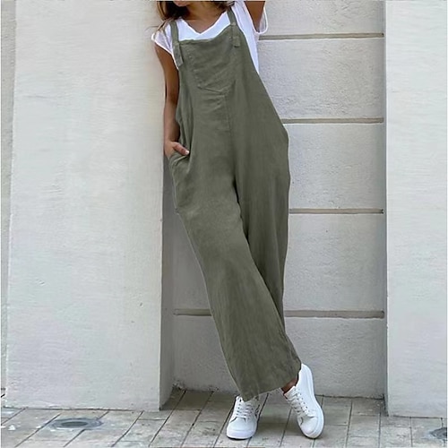 

Women's Pants Trousers Overalls Dungarees Baggy Linen / Cotton Blend Black Gray Mid Waist Slouch Daily Weekend Baggy Full Length Breathable Plain S M L XL XXL