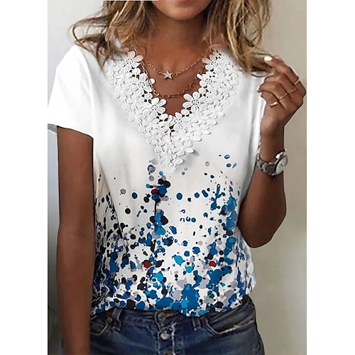 

Women's Painting T shirt Tie Dye Lace Print V Neck Basic Tops White / 3D Print