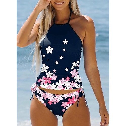 

Women's Swimwear Tankini 2 Piece Normal Swimsuit High Waisted Floral Print Navy Blue Padded Bathing Suits Sports Vacation Sexy / New