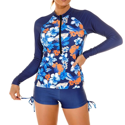 

Women's Swimwear Rash Guard Diving 2 Piece Normal Swimsuit Printing High Waisted Floral Blue High Neck Bathing Suits Sports Vacation Fashion / Modern / New / Padded Bras