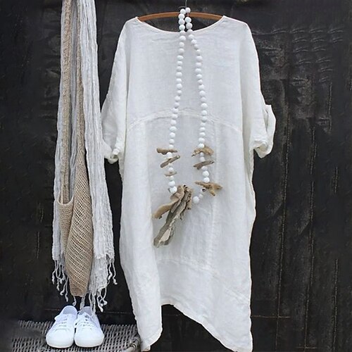 

Women's Casual Dress Linen Dress Shift Dress Mini Dress Blue Purple Pink 3/4 Length Sleeve Pure Color Patchwork Fall Spring Autumn Crew Neck Loose Fit 2022 S M L XL XXL 3XL
