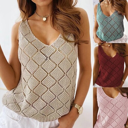 

2021 european and american wish independent station summer new diamond-shaped hollow v-neck mature sexy solid color knitted vest female