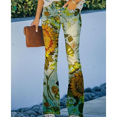 

Women's Pants Trousers Bell Bottom Faux Denim Blue Yellow High Waist Fashion Casual Daily Print Micro-elastic Full Length Flower / Floral S M L XL XXL / Loose Fit