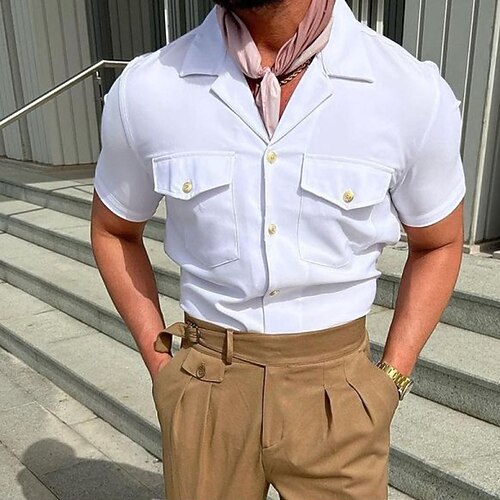 

Men's Shirt Solid Color Turndown Street Casual Button-Down Short Sleeve Tops Casual Fashion Breathable Comfortable White