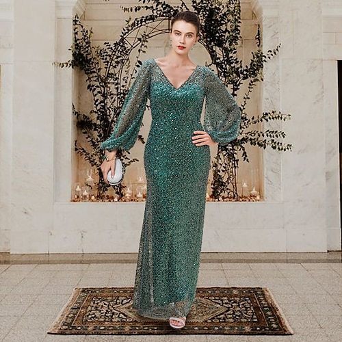 

Sheath / Column Mother of the Bride Dress Elegant Sparkle & Shine V Neck Floor Length Lace Sequined Long Sleeve with Beading Sequin 2022