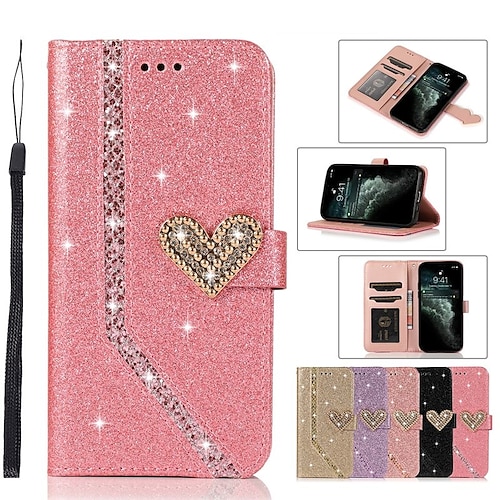 

Phone Case For Apple Wallet Card iPhone 13 Pro Max 12 Mini 11 X XR XS Max 8 7 Rhinestone with Wrist Strap Card Holder Slots Heart Solid Colored Glitter Shine TPU PU Leather