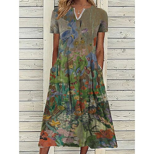 

Women's Casual Dress Midi Dress Green Short Sleeve Floral Ruched Spring Summer V Neck 2022 S M L XL XXL 3XL