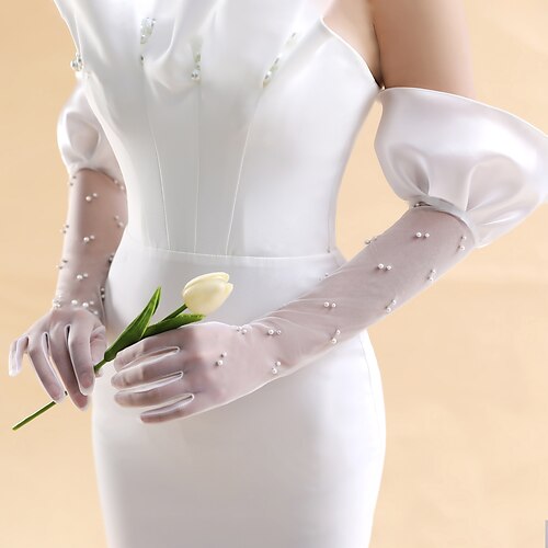 

Satin / Mesh Elbow Length Glove Vintage Style / Elegant With Faux Pearl / Ruffles Wedding / Party Glove