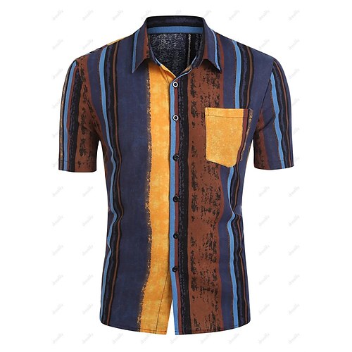 

Men's Shirt Hot Stamping Striped Graphic Turndown Street Casual Button-Down Print Short Sleeve Tops Casual Fashion Breathable Comfortable Blue