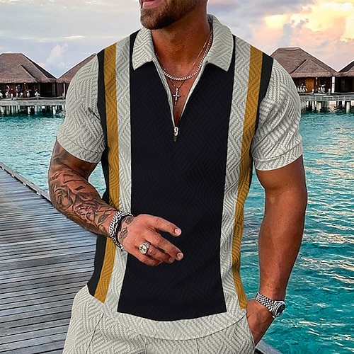 

Men's Golf Shirt 3D Print Tartan Geometry StripeTurndown Going out golf shirts Zipper Short Sleeve Slim Tops Designer Punk & Gothic Sports Black
