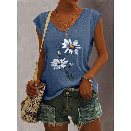 

cross-border 2021 spring and summer new amazon popular women's top loose round neck flower print sleeveless t-shirt women