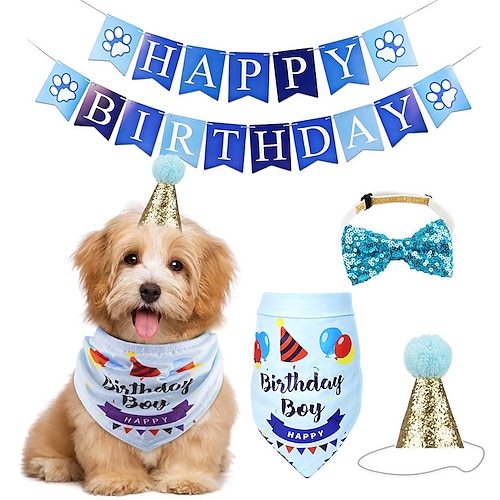 

Dog Birthday Outfit Set, Shinning Dog Bow Tie with Prince Crown & Double Sided Saliva Towel, Birthday Banner & Paw Print Balloons for Pet Puppy Dog Cat Boy Birthday Parties