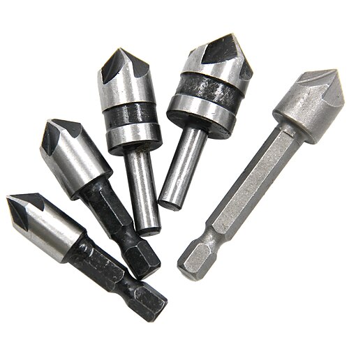 

5pc 1/4'' Shank 5 Flute Chamfer Chamfering Mixed Set Cutter Countersink Drill Bit Tool Woodworking Professional Tools Carpentry