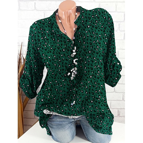 

Women's Blouse Shirt Leopard Button Print Standing Collar Casual Streetwear Tops Green / 3D Print