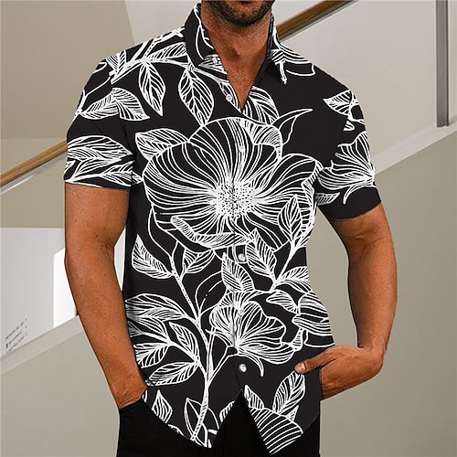 

Men's Shirt Print Floral Leaves Turndown Street Casual Button-Down Print Short Sleeve Tops Casual Fashion Designer Breathable Black