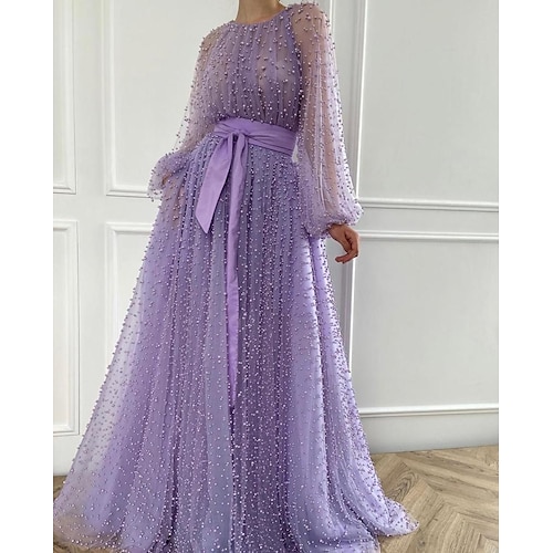 

A-Line Luxurious Elegant Prom Birthday Dress Jewel Neck Long Sleeve Sweep / Brush Train Tulle with Sash / Ribbon Beading 2022