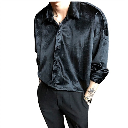 

Men's Shirt Solid Colored Turndown Classic Collar Casual Daily Button-Down Long Sleeve Tops Velvet Fashion Breathable Comfortable Black Red
