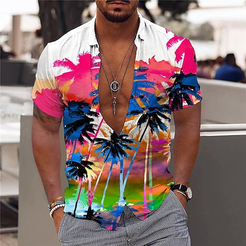 

Men's Shirt Print Coconut Tree Turndown Street Casual Button-Down Print Short Sleeve Tops Casual Fashion Designer Hawaiian Rainbow