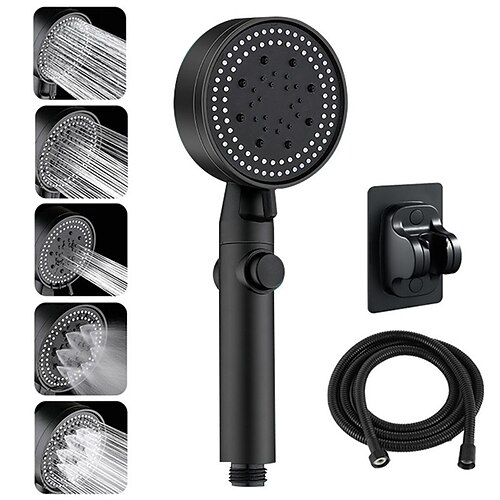 

Shower Head Water Saving Black 5 Mode Adjustable High Pressure Shower One-key Stop Water Massage Eco Shower with 1.5m Hose and Punch-free Bracket Bathroom Accessories