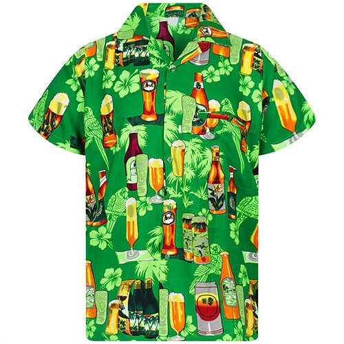 

Homens Camisa Social Camisa Gráfica Cerveja Aberto para a Lateral Verde Rua Casual Manga Curta 3D Botão para baixo Roupa Moda Designer Casual Confortável / Praia