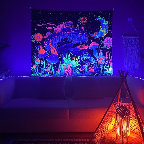 

Black UV Light Wall Tapestry Popular Fluorescent Hanging Cloth Skull Tarot Datura Mushroom Tablecloth Hanging Home Bedroom Living Room