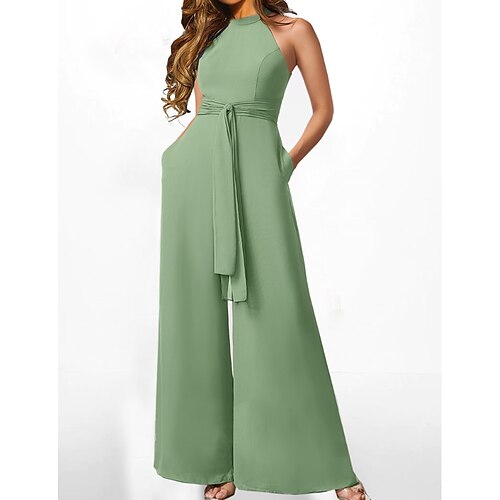 

Women's Jumpsuit Lace up Solid Color Crew Neck Elegant Daily Vacation Wide Leg Regular Fit Sleeveless Green S M L Spring