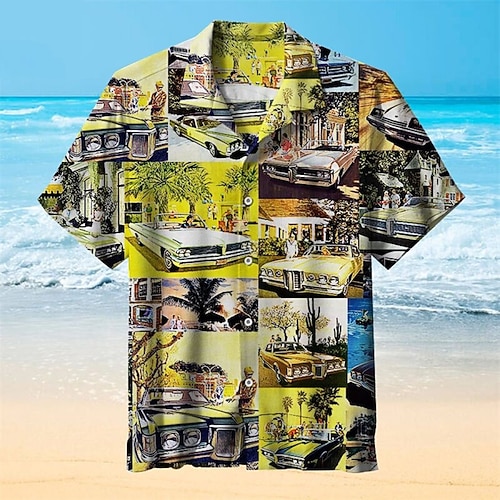 

Men's Shirt Car Turndown Street Casual 3D Button-Down Short Sleeve Tops Casual Fashion Comfortable Beach Yellow