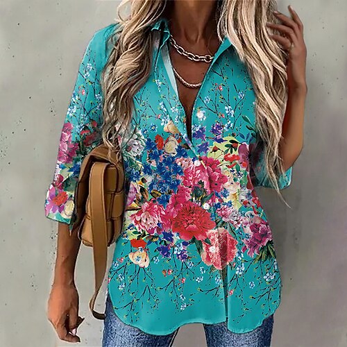 

Women's Floral Theme Blouse Shirt Floral Button Print Shirt Collar Casual Streetwear Tops Green Blue White / 3D Print