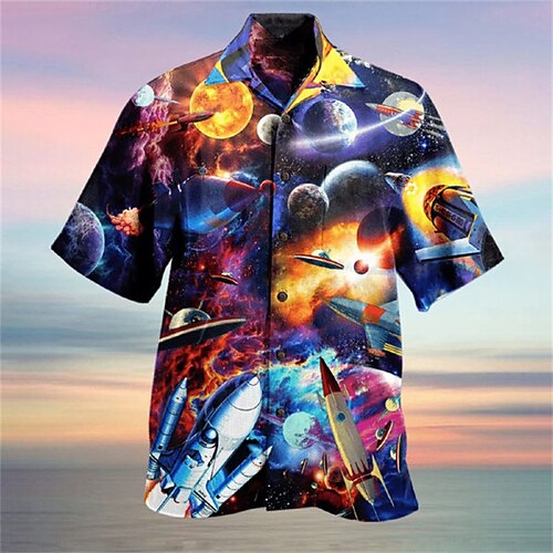 

Men's Shirt Summer Hawaiian Shirt Graphic Shirt Galaxy Turndown Blue 3D Print Outdoor Street Short Sleeve Button-Down Clothing Apparel Designer Casual Hawaiian Comfortable
