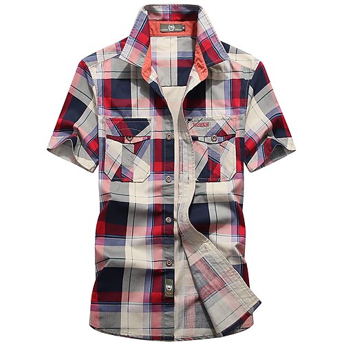 

Men's Shirt Other Prints Tartan Turndown Daily Work Print Short Sleeve Tops Simple Casual Light Green Red