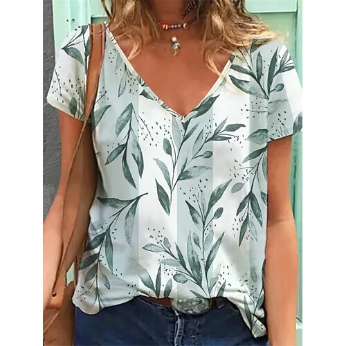

Women's Casual Daily Holiday T shirt Tee Leaf Short Sleeve Patchwork Print V Neck Basic Tops Green S / 3D Print