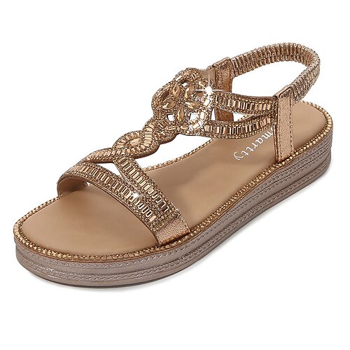 

Women's Sandals Boho Bohemia Beach Sparkly Sandals Rhinestone Flat Heel Round Toe Open Toe Elegant Casual Party Beach PU Leather Elastic Band Spring Summer Solid Colored Silver Gold