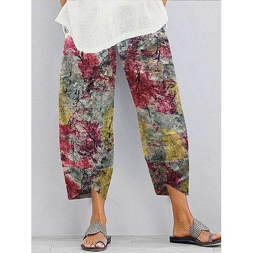 

Women's Chinos Pants Trousers Faux Linen Red Black Mid Waist Casual / Sporty Athleisure Casual Weekend Print Micro-elastic Ankle-Length Comfort Flower / Floral S M L XL XXL / Loose Fit