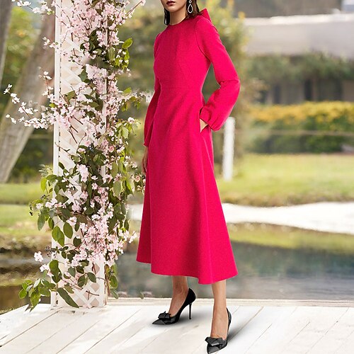 

A-Line Mother of the Bride Dress Elegant Jewel Neck Tea Length Stretch Chiffon Long Sleeve with Bow(s) 2022
