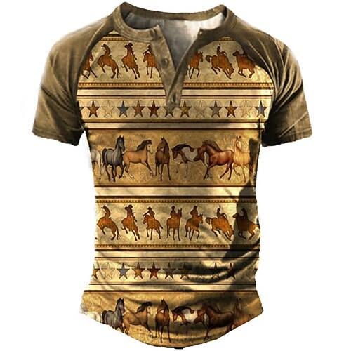 

Men's Henley Shirt Tee T shirt 3D Print Graphic Color Block Horse Plus Size Henley Daily Sports Patchwork Button-Down Short Sleeve Tops Basic Casual Classic Designer Brown