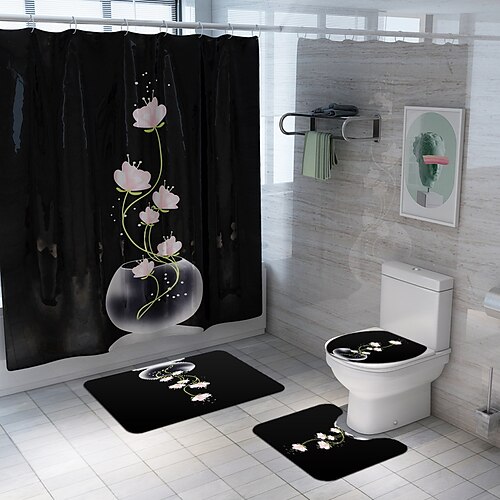 

Lotus Printed Waterproof Bath Shower Curtain Set Non-Slip Carpet Mat Floor Toilet Cover Home Bathroom Bathmat Rug