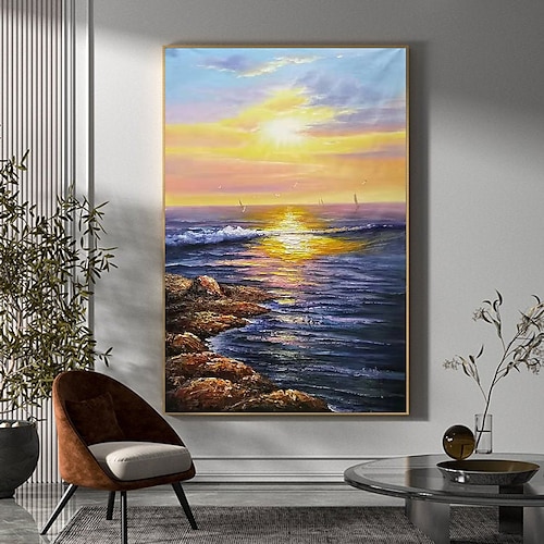 

Pintura al óleo hecha a mano, decoración de arte de pared de lienzo, cuchillo abstracto, pintura de paisaje marino para decoración del hogar, marco estirado, pintura colgante